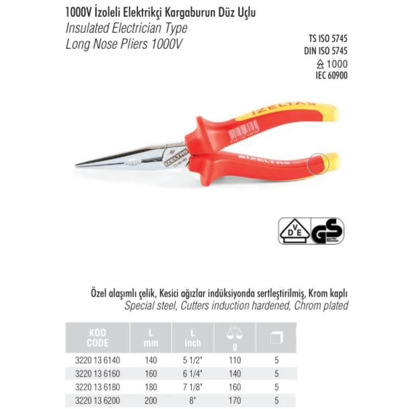 1000V İzoleli Elektrikçi Kargaburun Düz Uçlu