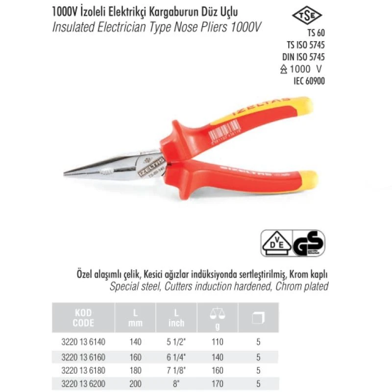 1000V İzoleli Elektrikçi Kargaburun Düz Uçlu